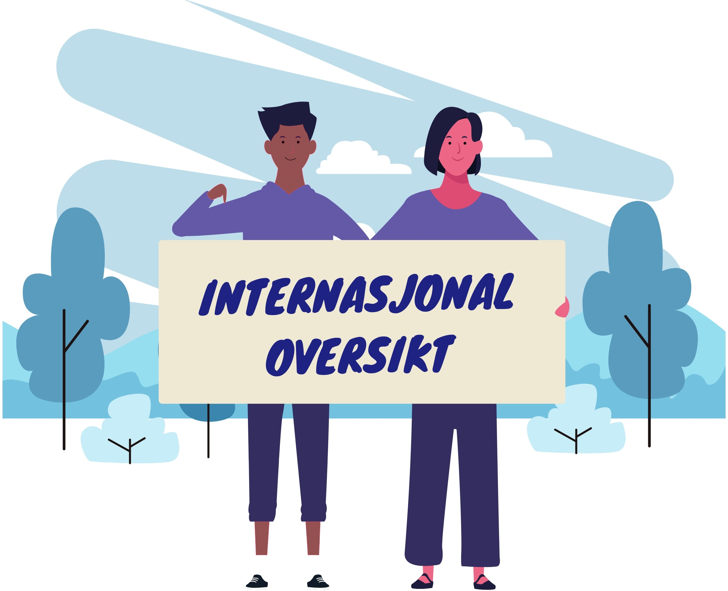 To personer holder et skilt med teksten "internasjonal oversikt". illustrasjon